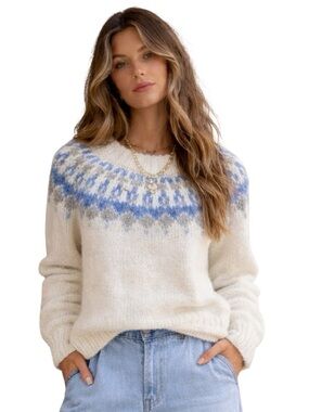 Women's Cream Nordic Yoke / Fair Isle Sweater with Blue Accents